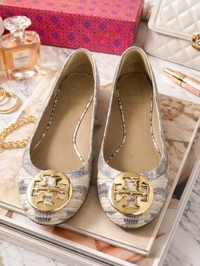 Tory Burch Metallic Snake-Effect Ballet Flats with Gold Logo
